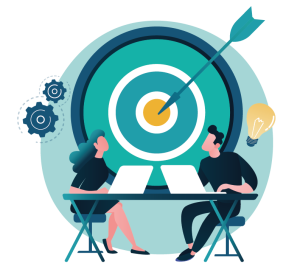 Illustration of 2 characters on their pc A SINGLE COMMON OBJECTIVE - professional service Anaïs Bouvier Gonzalez