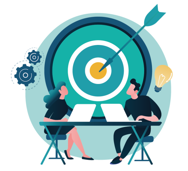 Illustration of 2 characters on their pc A SINGLE COMMON OBJECTIVE - professional service Anaïs Bouvier Gonzalez
