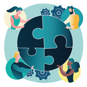 Illustration of 4 people forming a puzzle - professional service Anaïs Bouvier Gonzalez