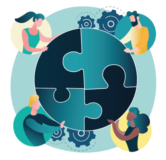 Illustration of 4 people forming a puzzle - professional service Anaïs Bouvier Gonzalez